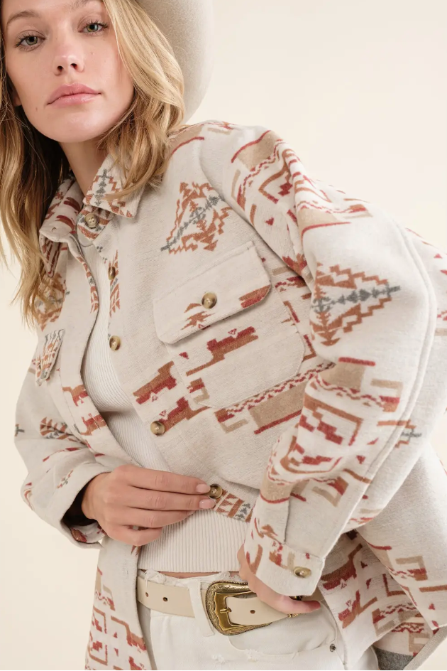 Aztec Chest Pocket Front Loose Shirt Jacket